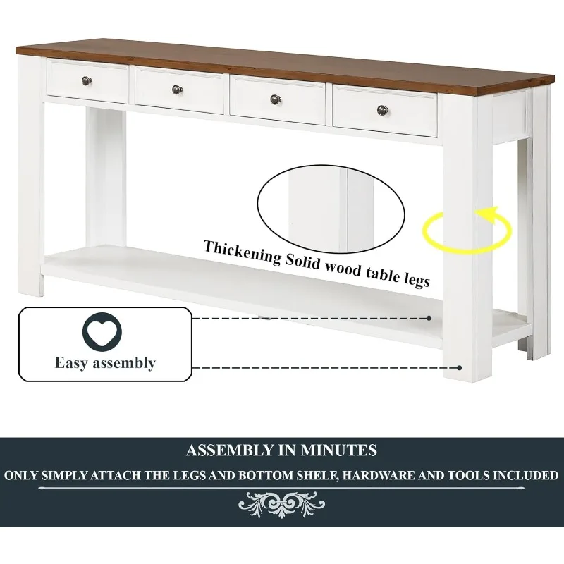 63" Modern Solid Wood Console Table with 4 Drawers and 1 Bottom Shelf Storage Sideboard Pine Sofa Table for Entry Hallway(Brown) 6