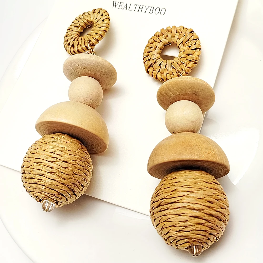 Woman Earring Korea Handmade Wooden Straw Weave Rattan