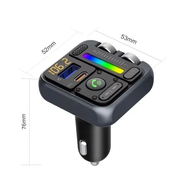 5V/2.4A Bluetooth 5.3 FM Transmitter Colorful Atmosphere Light Digital Display Car MP3 Music Player Support USB Flash Drive 6