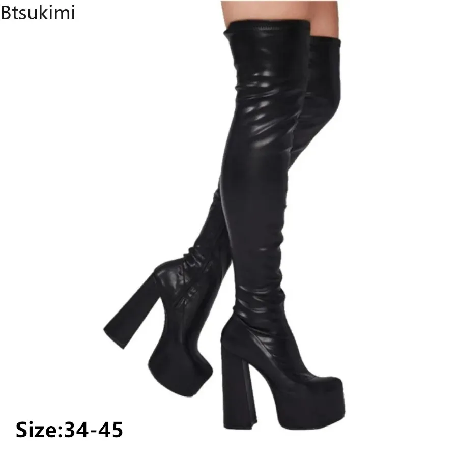 

2024 Women's Night Club Party Platform Boots Over The Knee Boots Chunky High Heels Women Shoes Sexy Patent Leather Boots 34-45