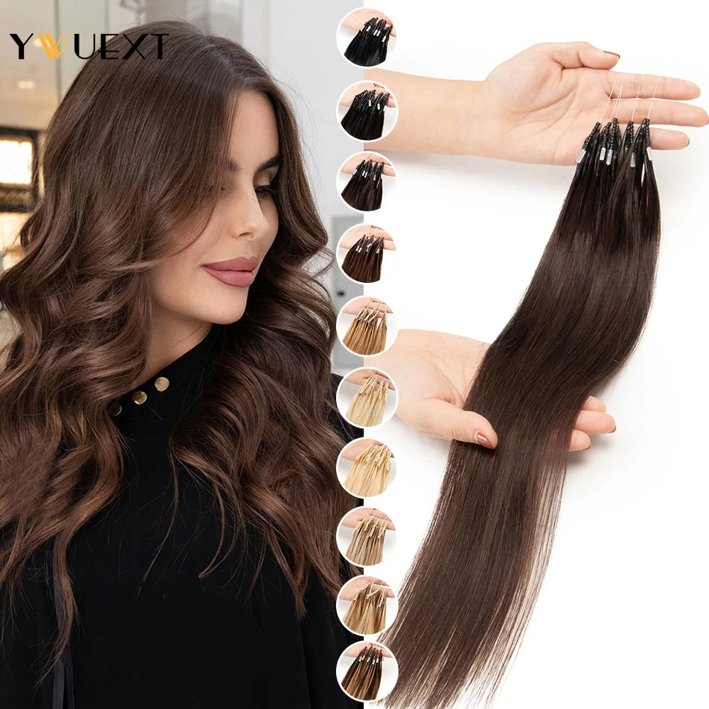 

YWUEXT 8D Hair Extensions 16“ 20” Micro Beads Human Hair Natural Staight Machine Remy Nano Ring Hair Brown Black 50pcs/pack
