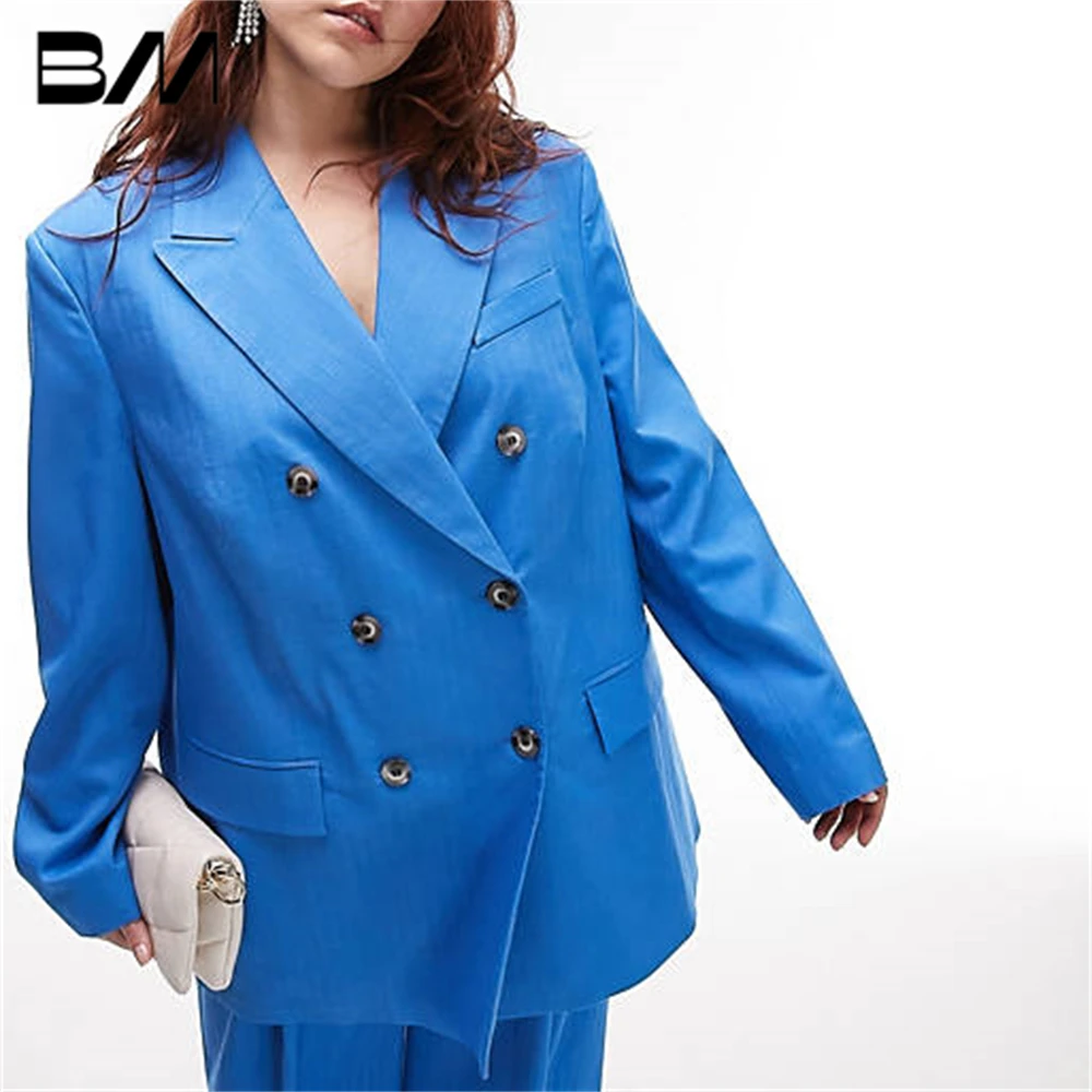 Double Breasted Plus Size Women Autumn Pantsuit Long Classic Royal Blue Fashion Suit Set Stylish Outfit For Women