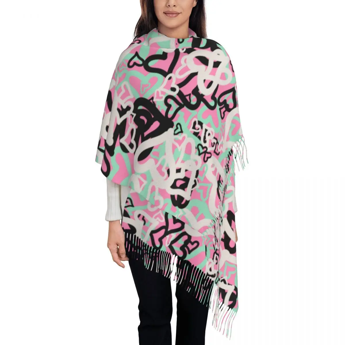 

Warm Scarf Winter Scattered Hearts Shawls and Wraps Abstract Geometric Graffiti Print Bufanda Mujer Unisex Vintage Scarves Wraps