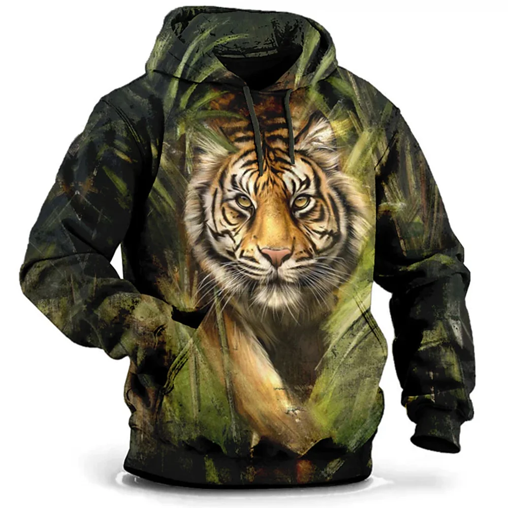 Men's Sweatshirt Harajuku Lion Tiger Print Graphic Vintage Winter Long Sleeve Oversized Social Casual Pullover Animal Hoodies