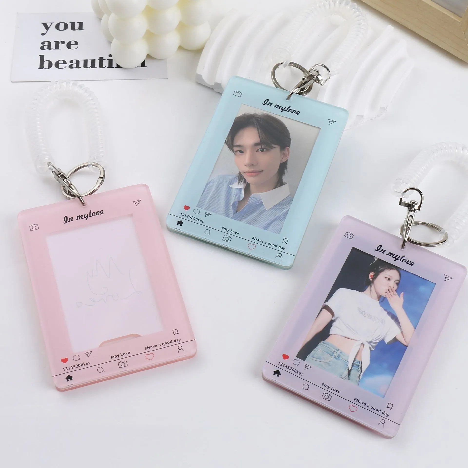 Ins style Acrylic photocard holder keychain desk accessories kpop photocard frame Macaron color card sleeve cute photo storage
