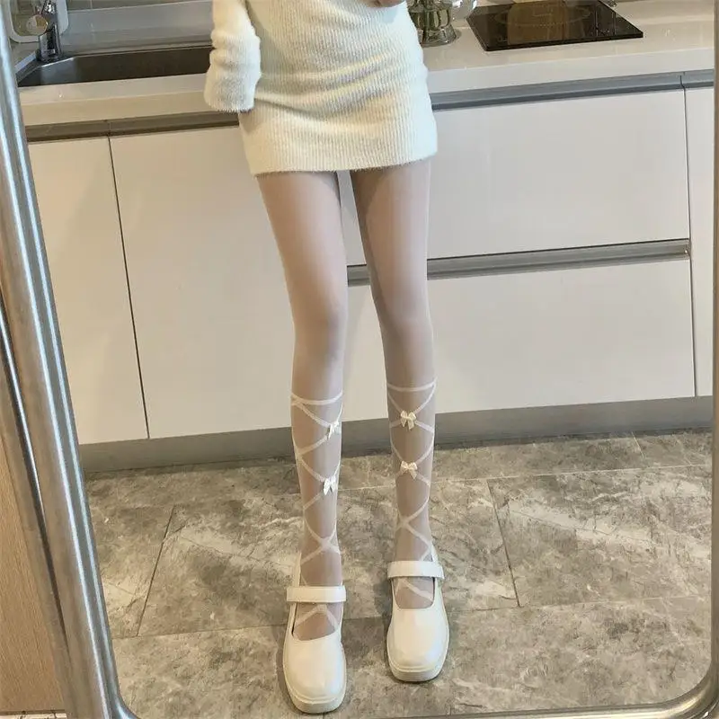 Lace-up bow cream white stockings summer thin slim leg sexy pantyhose