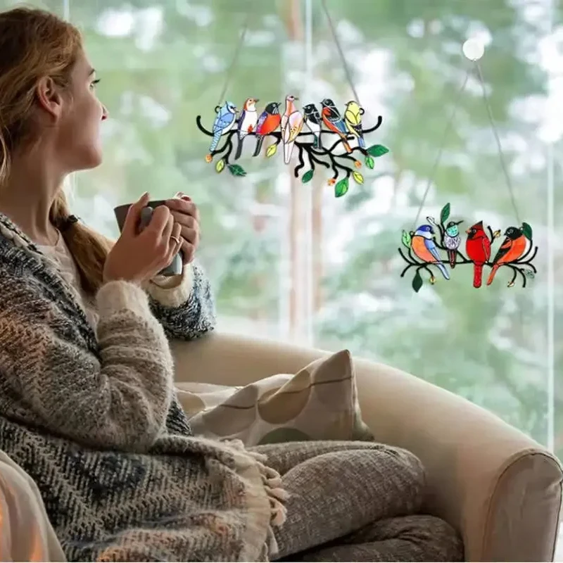 Cardinal Birds Stained Window Panel Hangings Birds Hanging On A Wire On Branch Room Decoration Accessories For Mother’s Day Gift