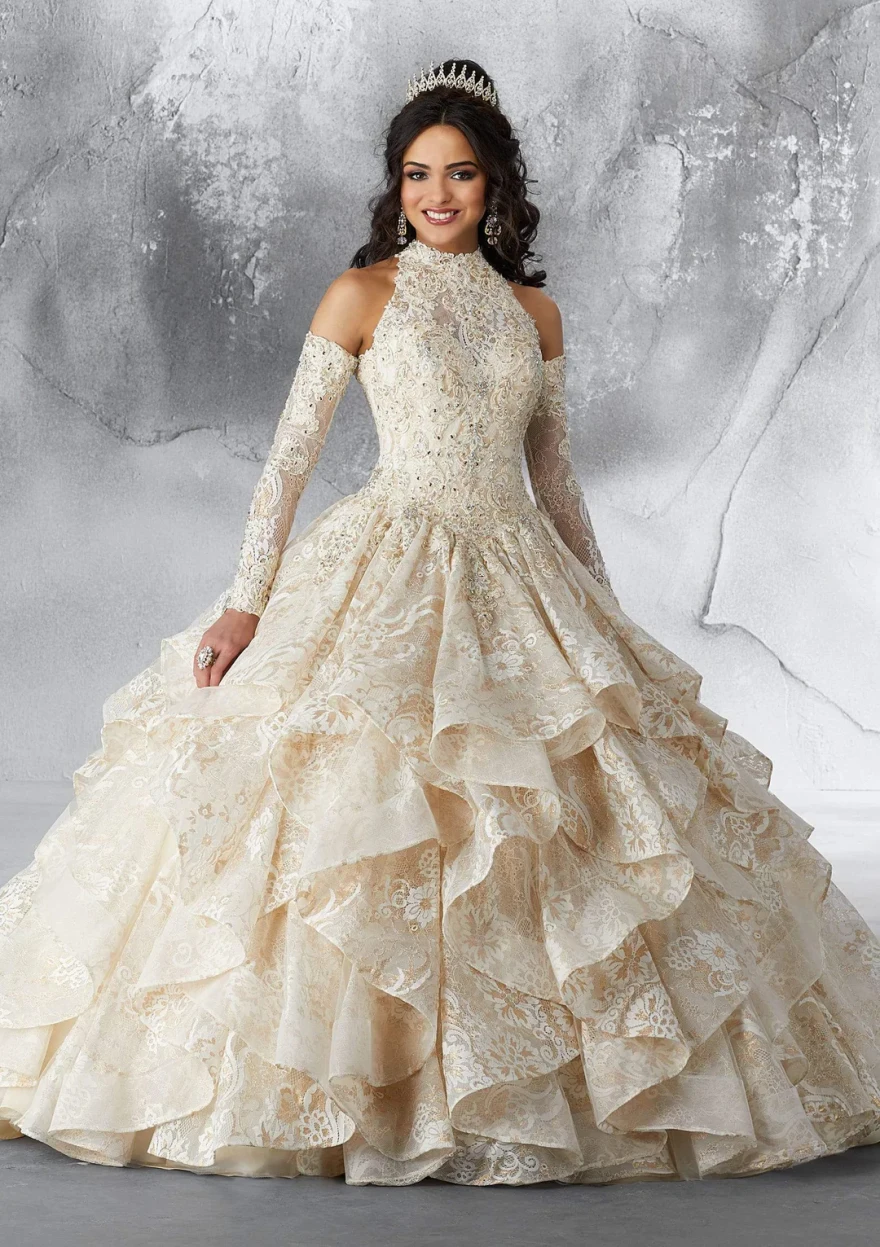 

Блестящие платья для Quinceanera цвета шампанского Lorencia 2024, Бальное кружевное платье с длинным рукавом и высоким воротом, платья для 15 лет, милое платье 16 YQD115