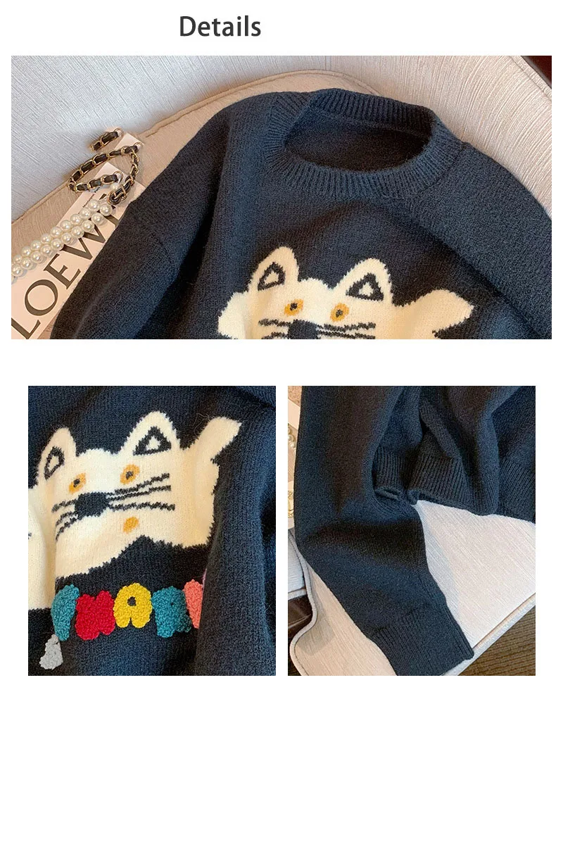 o-pescoço gato padrão pulôver moda casual solto