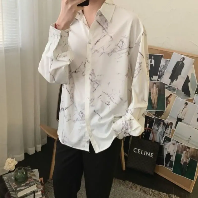 Spring Autumn New Turn-down Collar Fashion Long Sleeve Shirt Man High Street Casual Y2K Printing Button Cardigan All-match Tops