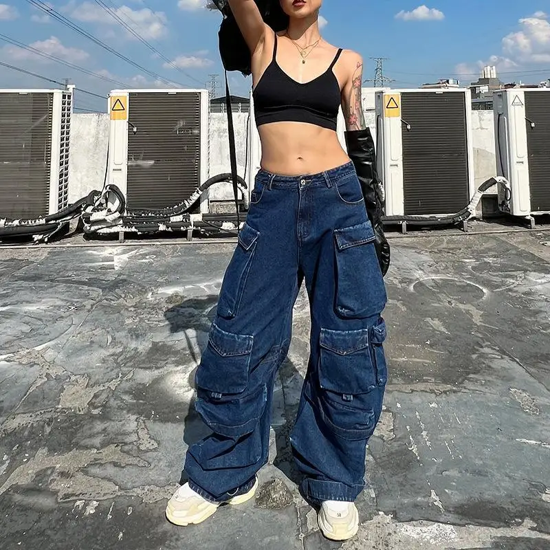 Cargo Pants Women Jeans Vintage Street Distressed Wash Baggy