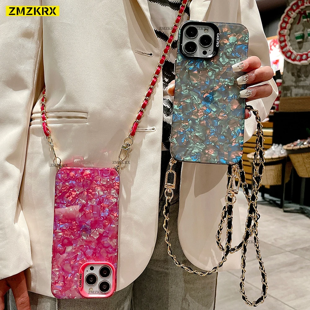 Metal Chain Crossbody Leather Lanyard Phone Case with Glitter Marble Design