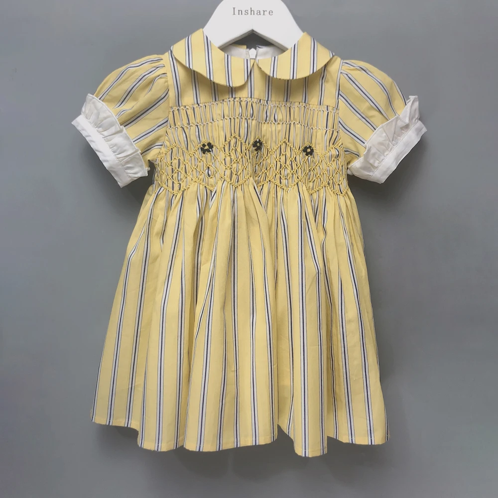 

Children Boutique Clothing Summer Short Sleeve Girls Handmade Smocked Clothes Yellow Striped Dress Christening Dress Easter