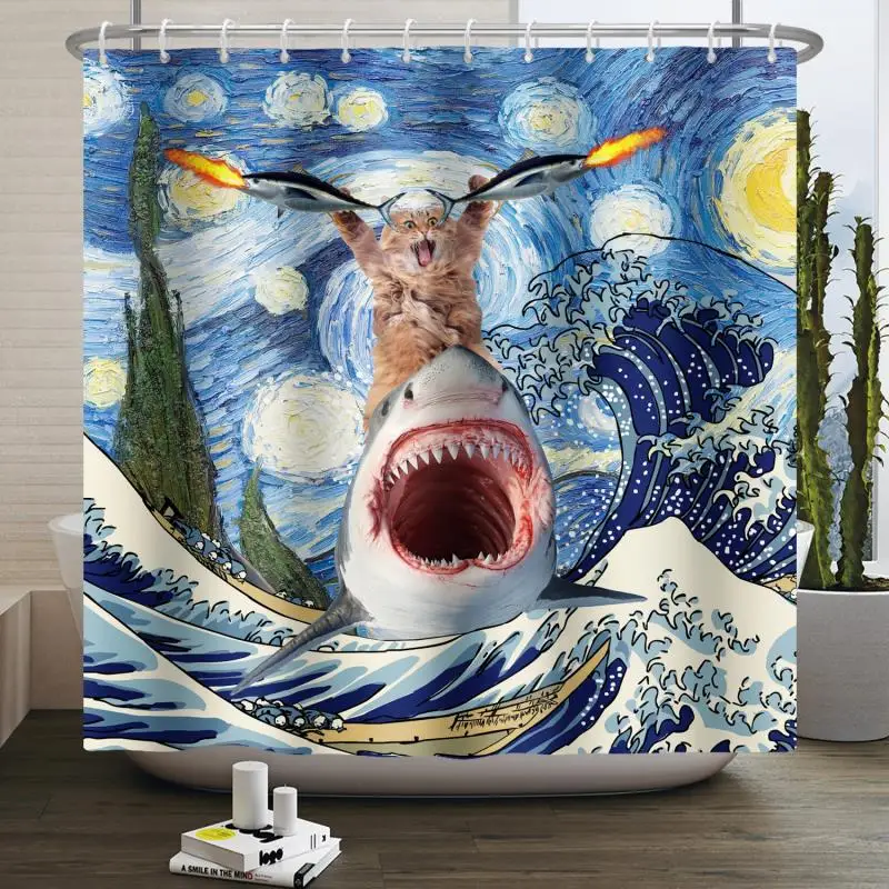 Hero Great White Shark With Gun Cat Funny Shower Curtain For Bathtub Cover Bathroom Cover Bathing 12pcs Hooks shower curtains