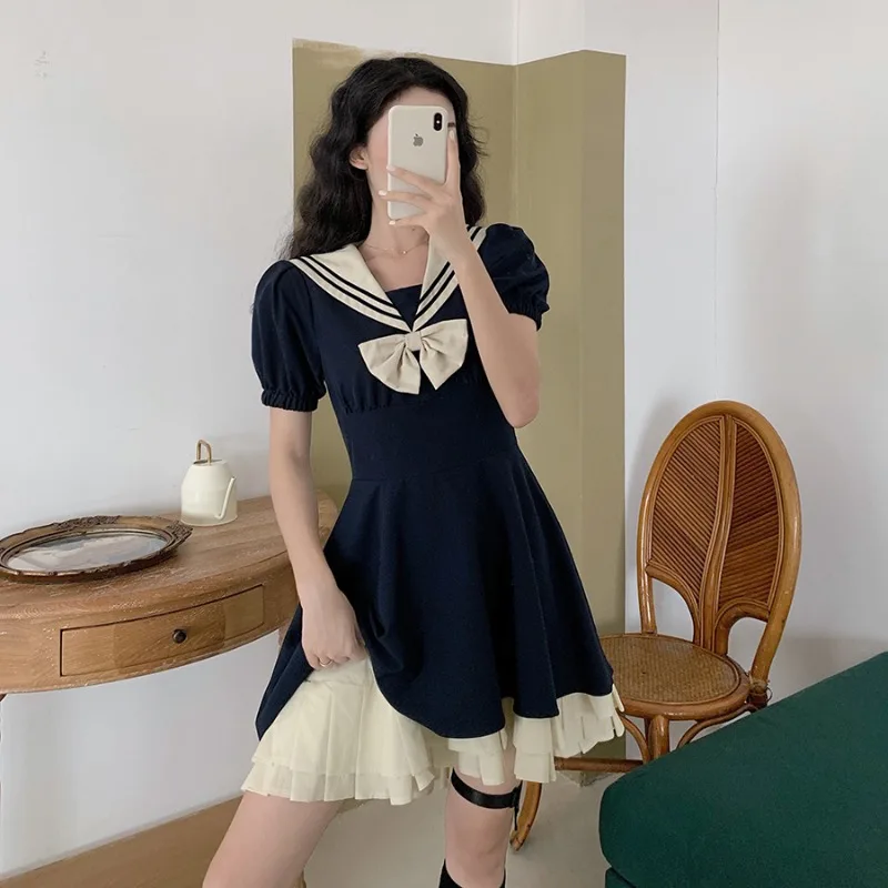 Harajuku Sailor Collar Navy Dress Japanese Lolita Sweet Dresses Girl Retro Cotton Kawaii Preppy Style Temperament JK Uniform
