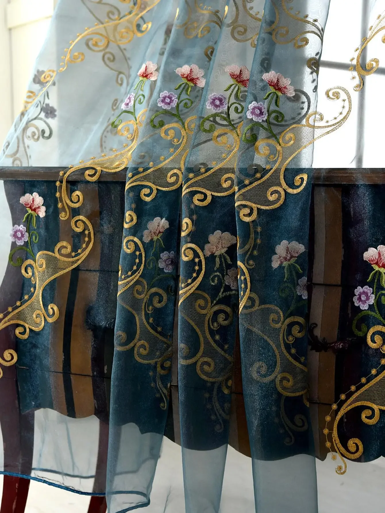 Curtain for Living Room and Bedroom 1pc Blue Embroidered European Flower Gauze 3