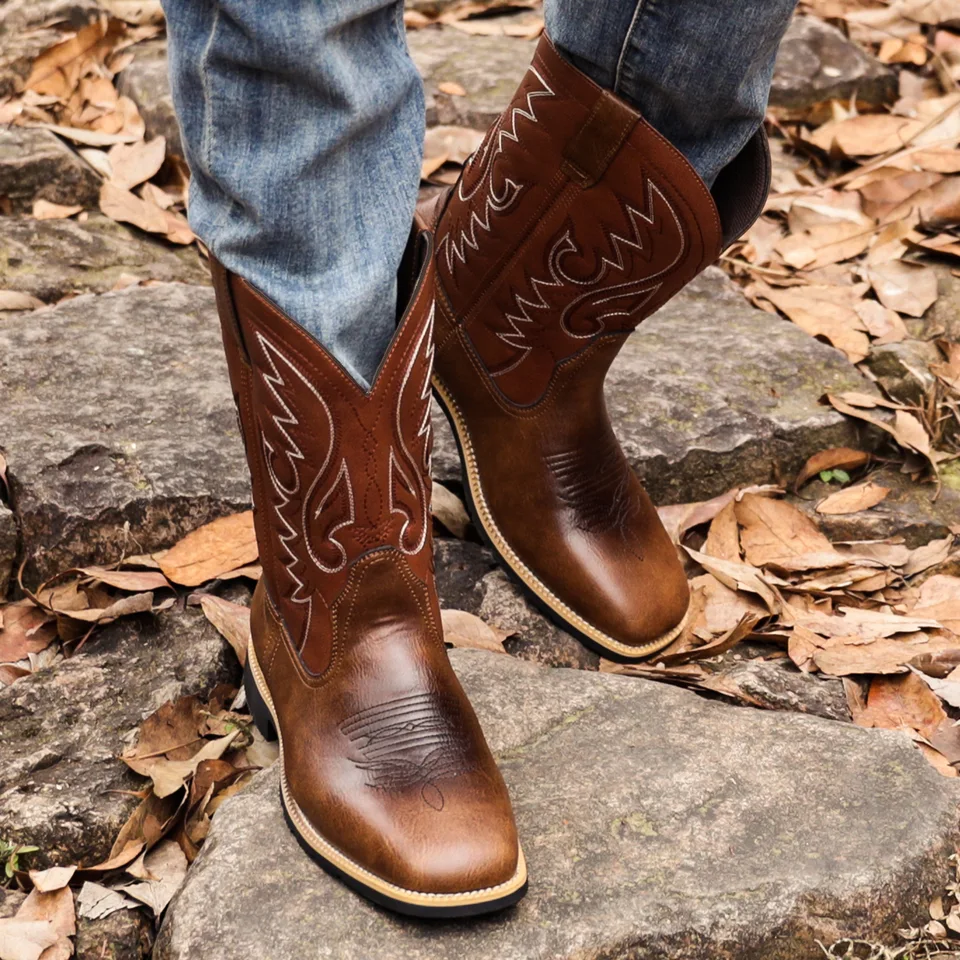 Stivali Da Cowboy Uomo, Western Classici Con Ricami, Punta Affusolata E Tacco Cubano, Slip-on
