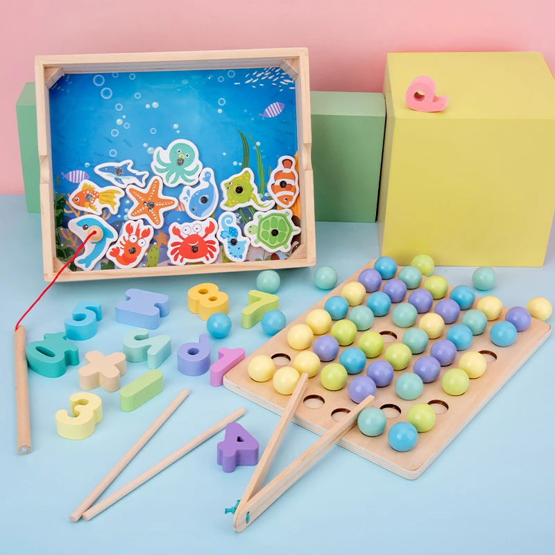 

Montessori Wooden Clip Beads Digital Beaded Magnetic Fishing Multifunctional Three-in-one Educational Early Education Game Toy