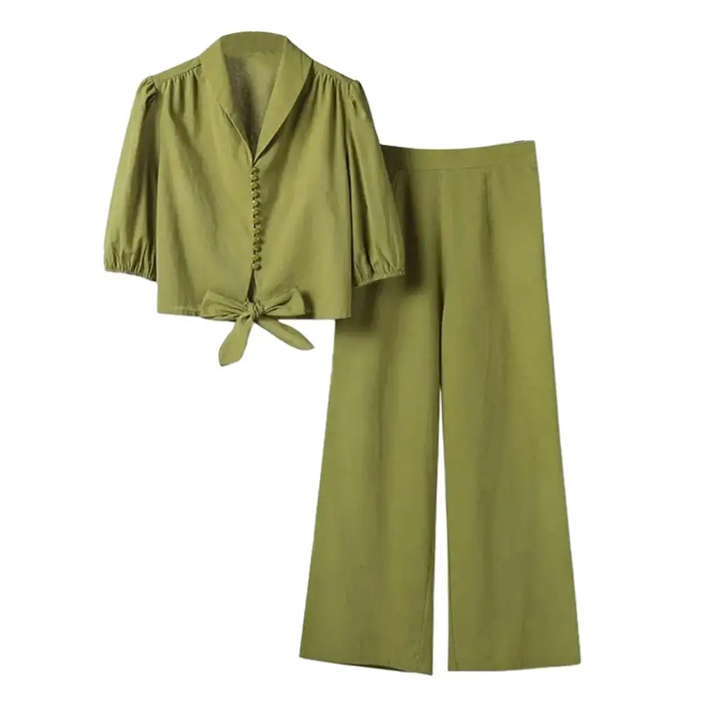 

V-neck Half Sleeve Suit Women's Lace-up Knot V Neck Top Wide Leg Pants Set with High Waist Pockets Soft for Ladies for Women