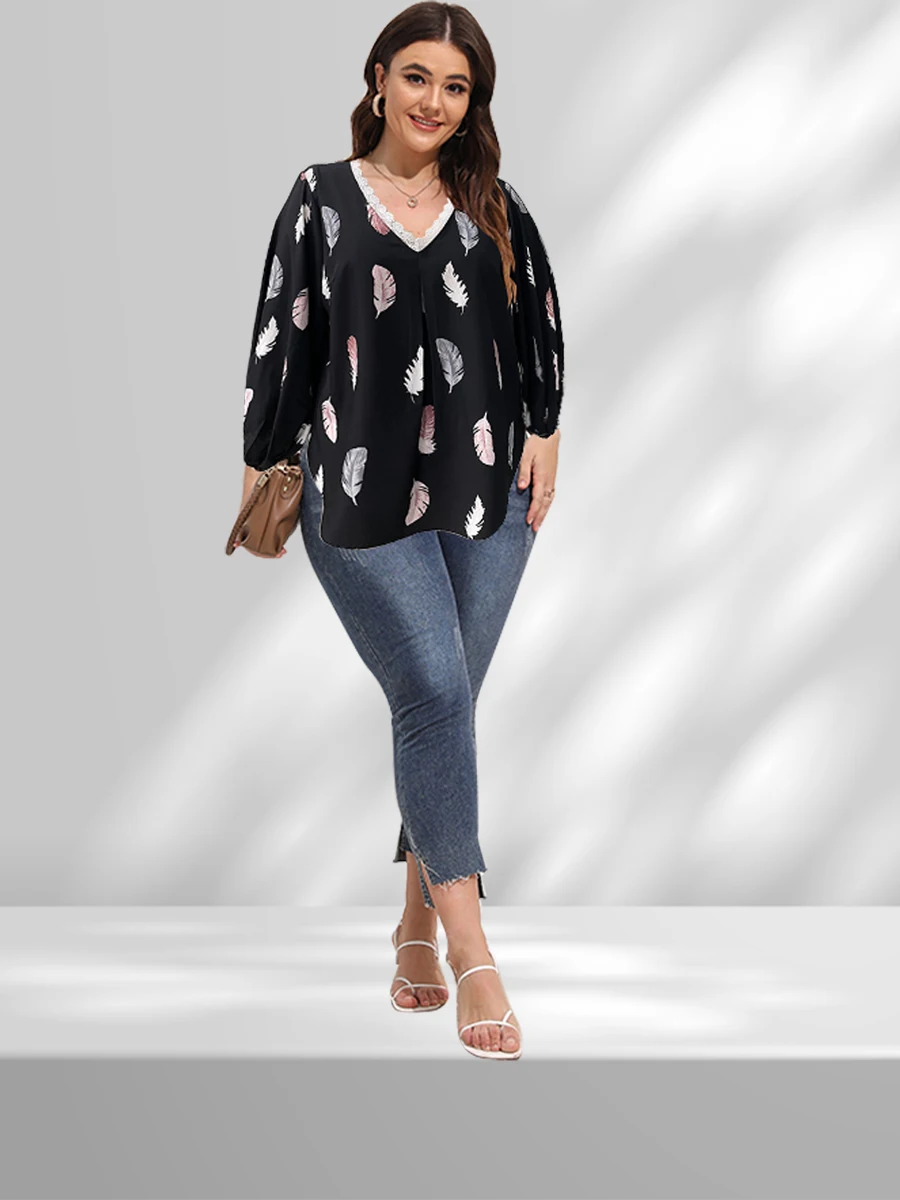 

Finjani Women's Plus Size Casual Blouse,Women's Plus Feather Print Contrast Lace Lantern Sleeve V Neck Top