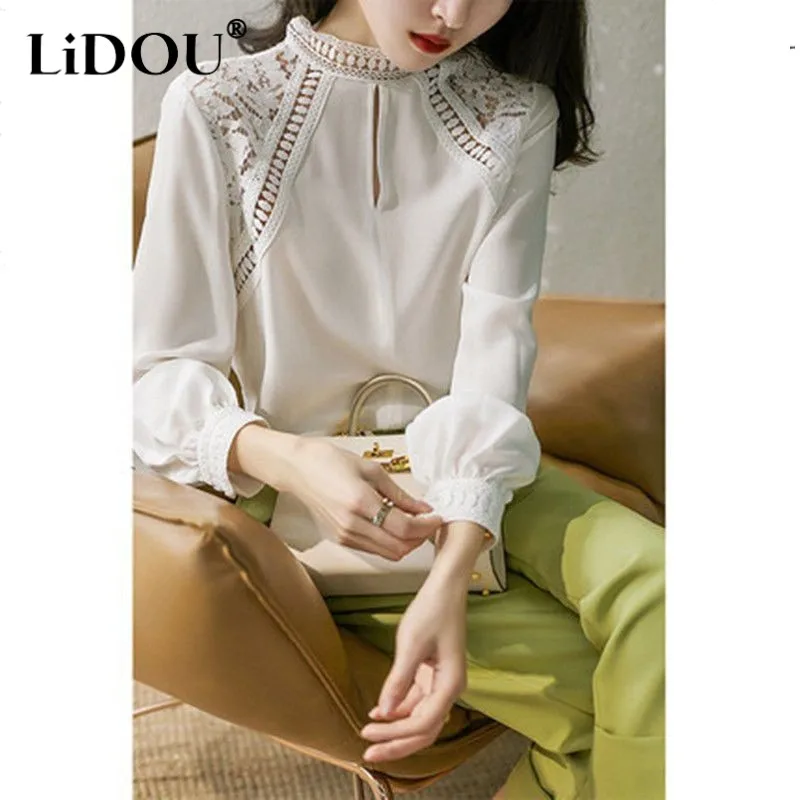 

Spring Autumn Hollow Out Solid Color Fashion Popularity Tops Women Lantern Sleeve Female Pullovers Loose Casual Chic Lady Shirt