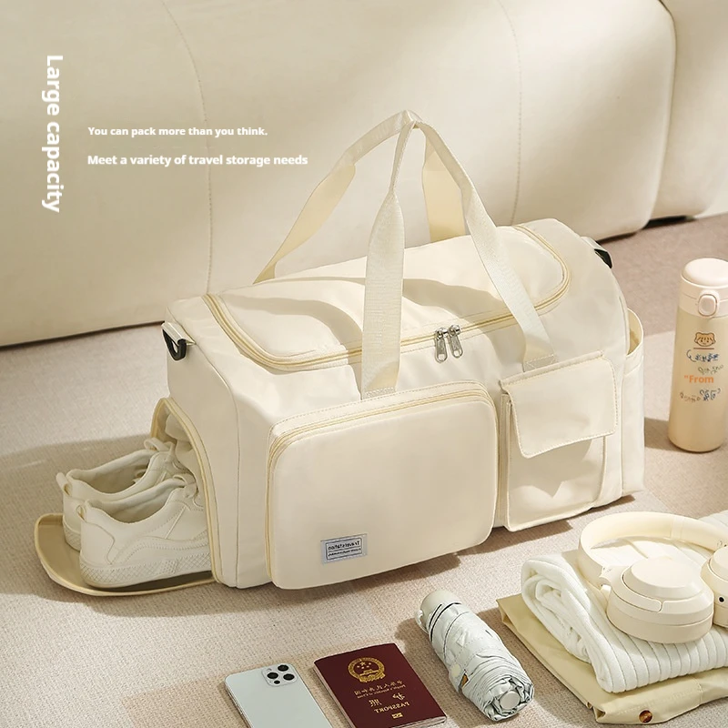 2024 New Travel Women Travel Bags Sports Handbag, Fitness One Shoulder Weekend Overnight Bag, Women's Beige Travel Bag