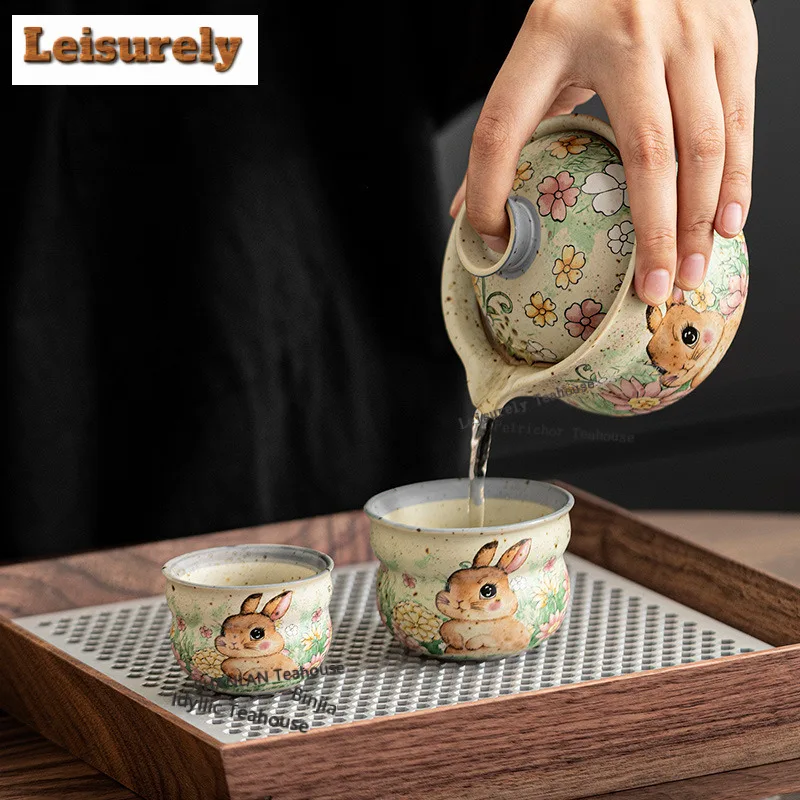 Caramel Glaze Flower-picking Rabbit Gourd Travel Tea Set Kit Retro 1 Pot 2 Cups Tea Maker Organizer Portable Camping Tote Bag