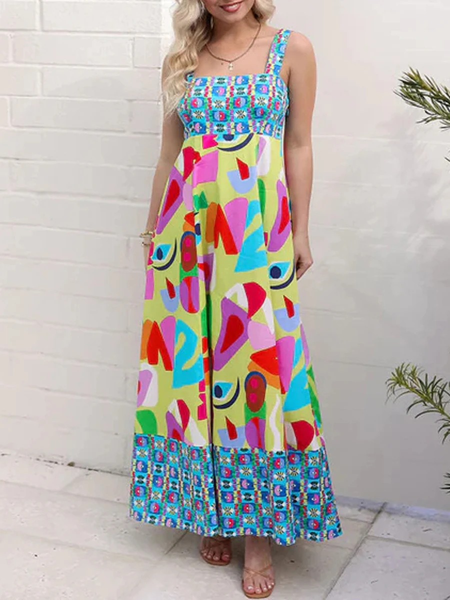 

Women Spaghetti Strap Graffiti Maxi Dress Square Neck Colorful A Line Swing Flowy Long Cami Dress Boho Beach Sundress