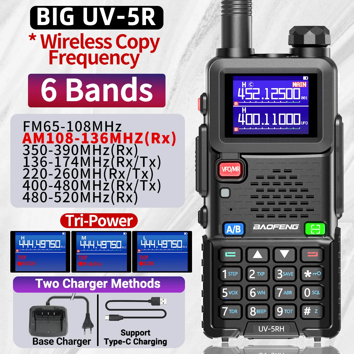 Baofeng-walkie-talkie de banda completa UV 5RH, frecuencia de copia inalámbrica, cargador tipo C, transceptor mejorado UV 5R, Radio bidireccional Ham, 10W