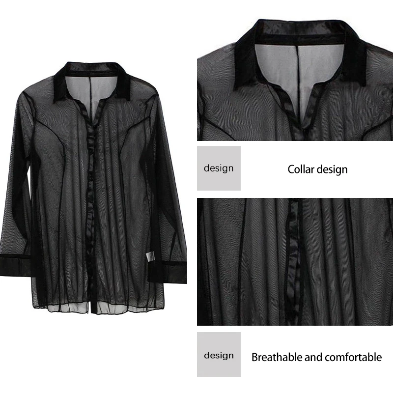 Women's Home Slimming Sexy Perspective Sheer Long Sleeved Shirt Pajamas Women's Sexy Home Casual Pajamas