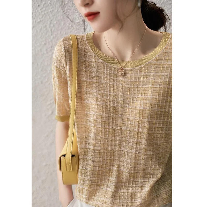 

Elegant Sweet Office Lady Knitwear Summer Fashion O Neck Short Sleeve Chic Knitted T Shirt Women Slim Pullover Top Clothing 2022