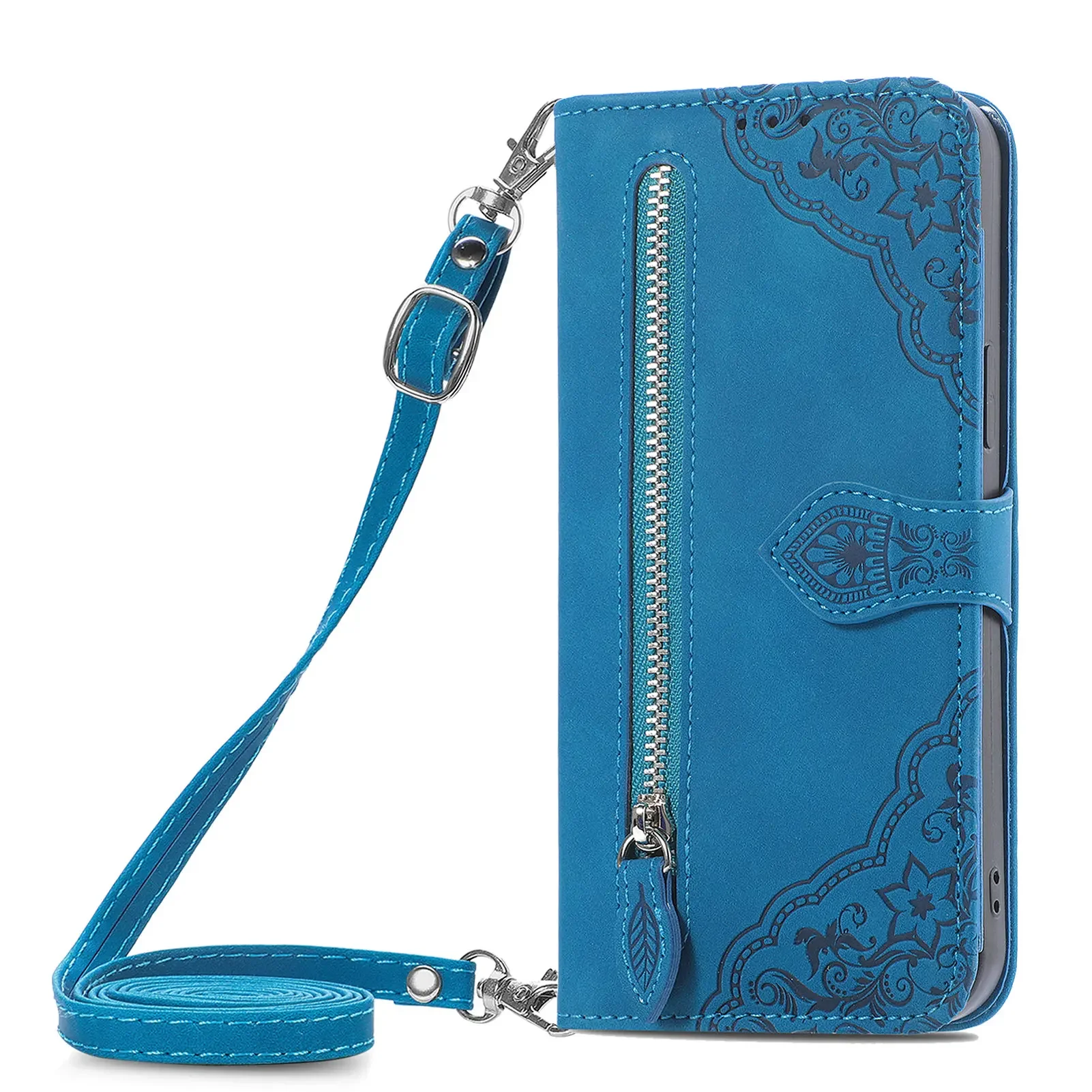 Leather Lanyard Zipper Wallet Crossbody Case