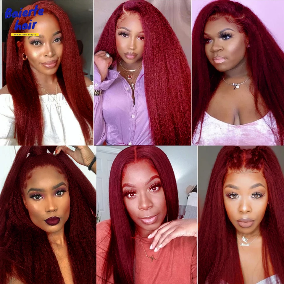 99J Burgundy Kinky Straight Human Hair Bundles Brazilian Virgin Hair Extension Weave Human Hair Wine Red Bundles 1/3/4 Bundles 6