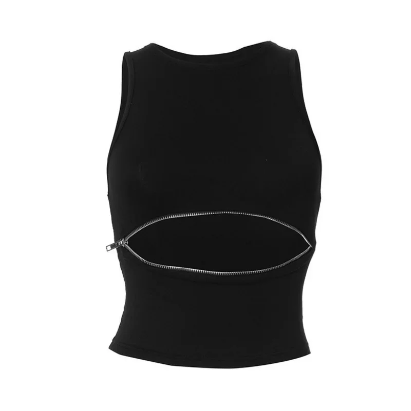 Camisetas de verano informales de color sólido Y2k, nuevas, a la moda, ajustadas, huecas, sexys, cortas, para mujer, sin mangas, con cremallera y cuello redondo, camiseta sin mangas para mujer