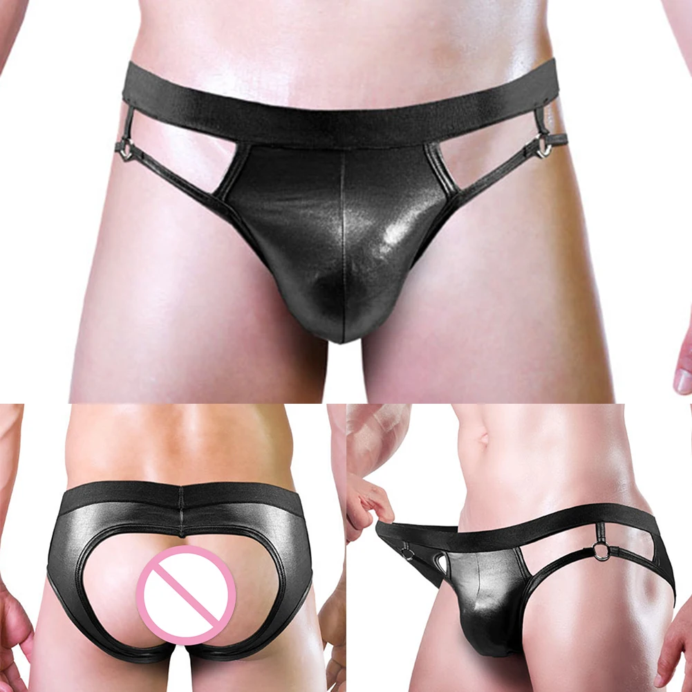 Mens Sexy Faux Leather Bugle Pouch Thong Underwears Jock Strap Hollow Out Briefs Open Crotch Pouch Panties Male Lingerie Tanga