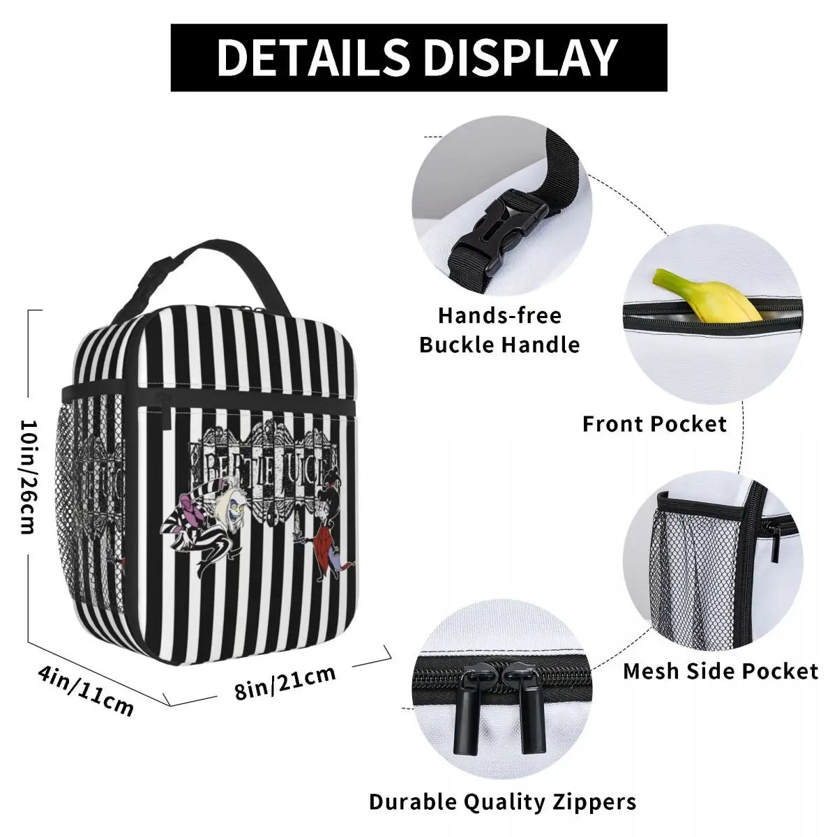 Movie Beetlejuice And Lydia Insulated Lunch Bag for Outdoor Picnic Cartoon Tim Burton Horror Film Thermal Cooler Lunch Box Kids