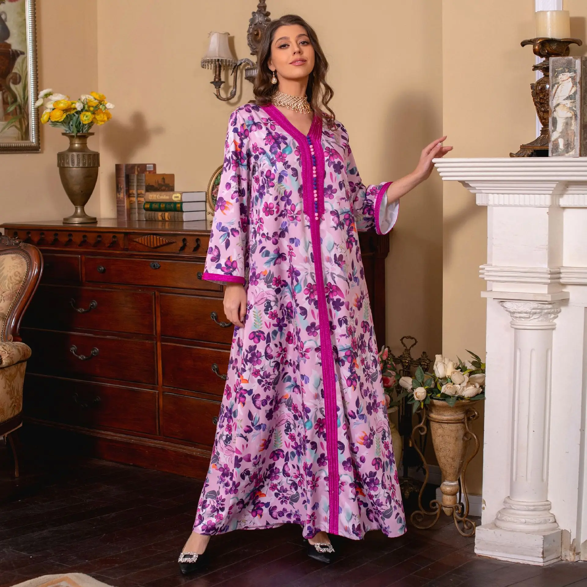 Ramadan Abaya Arabic Long Gulf Jalabiya Dress for Women Trim Floral Print Muslim Dresses Moroccan Kaftan Dubai Islamic Clothing