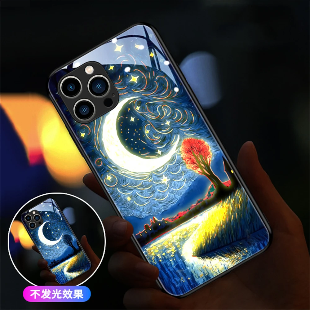 Ölgemälde-Design, Soundsteuerung, leuchtende Handyhülle für iPhone Air 17 16E 15 14 13 12 11 Pro Max XR XS Plus, LED-Glitzer-Abdeckung