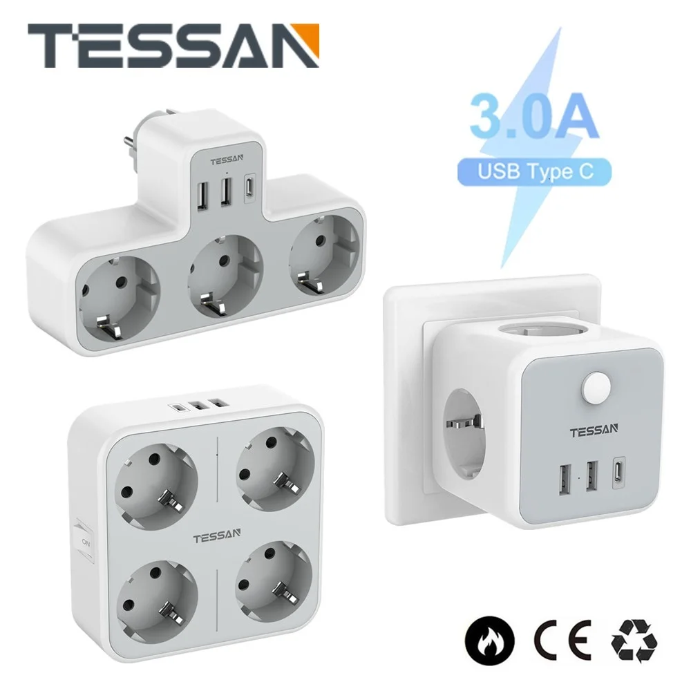TESSAN-Multiprise EU KR avec Ports USB, Chargeur Mural de Type C,  Adaptateur de Prise d'Extension Électrique pour le Bureau et la Maison