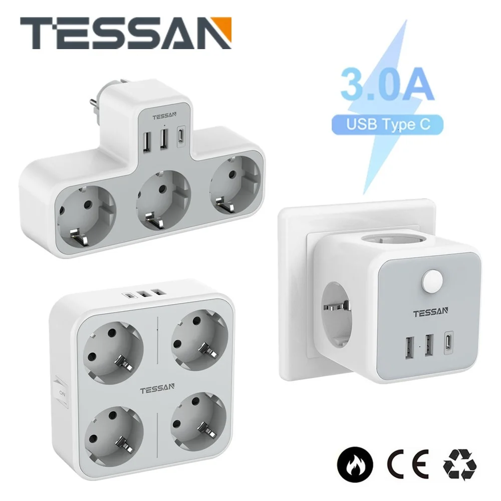 TESSAN Ladron Enchufes USB, Enchufe Multiple 4 Enchufes Schuko con 3  Puertos USB, Ladron Enchufes Plano Pared 7 en 1, Ladron Enchufe con USB  para