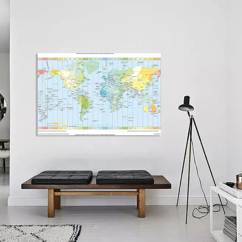 150*100cm The Wold Time Zone Map In French Vintage Non-woven Canvas Painting Wall Art Poster School Supplies Home Decor