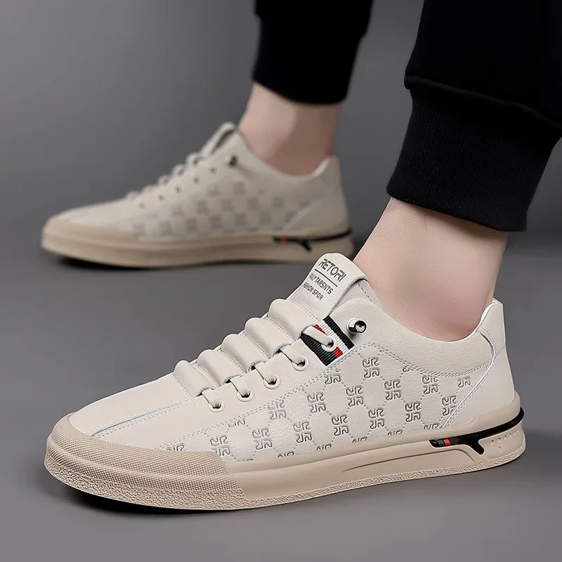 Spring New Shoes for Men Genuine Leather Casual Shoes Fashion Knurling Flat Skateboard Shoes Youth Lace-up Sneakers 3