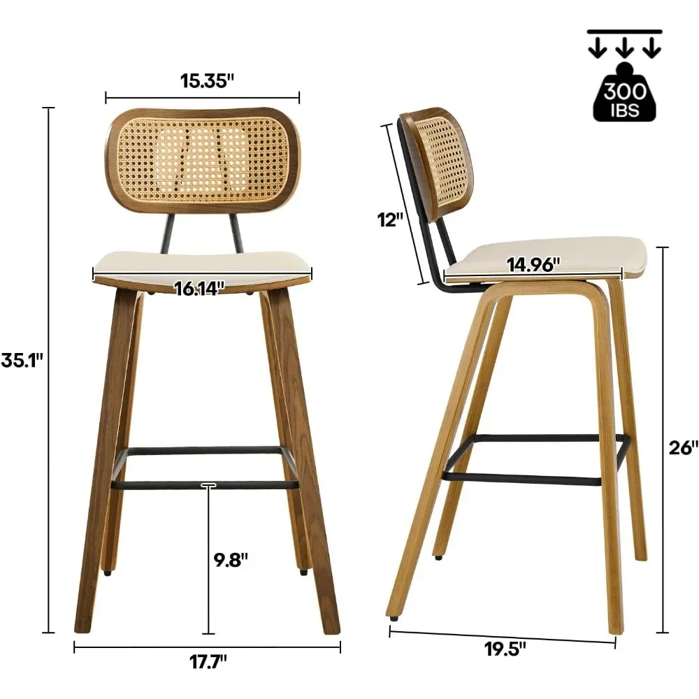 Counter Height Bar Stools Set of 3, 26" Wood Kitchen Stool PU Leather Upholstered Barstool with Rattan Back Cream White