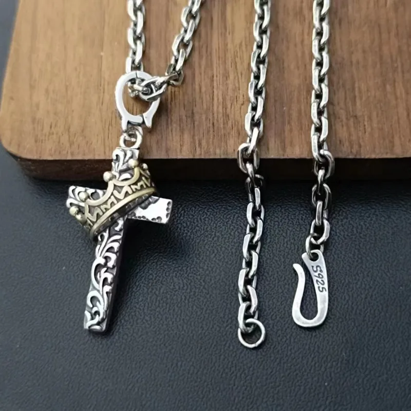 BOCAI new S925 Silver Fashion Tang Grass Pattern Design Crown Cross Pendant for Men and Women Hip Hop Contrast Color Jewelry