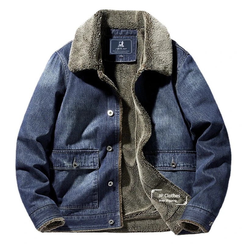 

Denim Jacket Men's Winter New Down Thickened Loose Straight Men's Tops Lambswool Cotton Clothing Fleece Thick Denim Coat for Man
