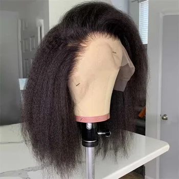 Kinky Straight Brazilian 250% Density Short Bob 13x4 HD Lace Front Human Hair Wigs Women Glueless Lace Frontal Wigs Coarse Yaki 1
