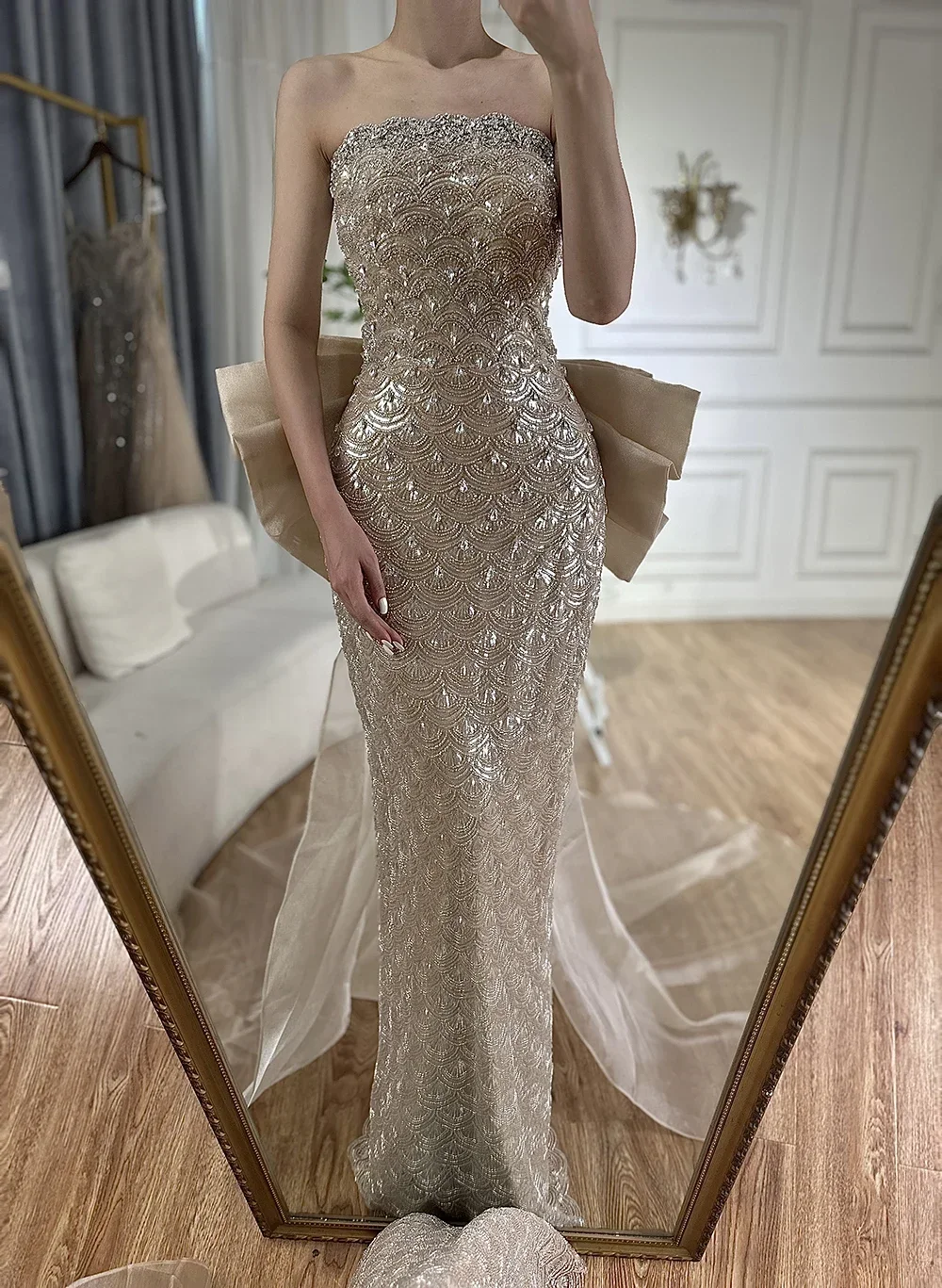2025 Saudi Mint Mermaid Beaded Tassel Satin Evening Dress Gown with Corset for Formal Occasion LA72797B