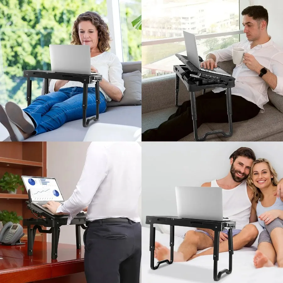 Foldable Laptop Table Bed Notebook Desk with Cooling Fan Mouse Board LED light 4 xUSB Ports Breakfast Snacking Tray 6