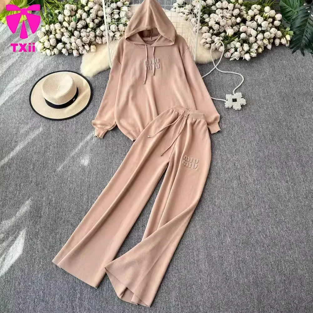 Autumn and winter European and American style letter jacquard knitted hooded top+high waisted loose pants casual two-piece set 4