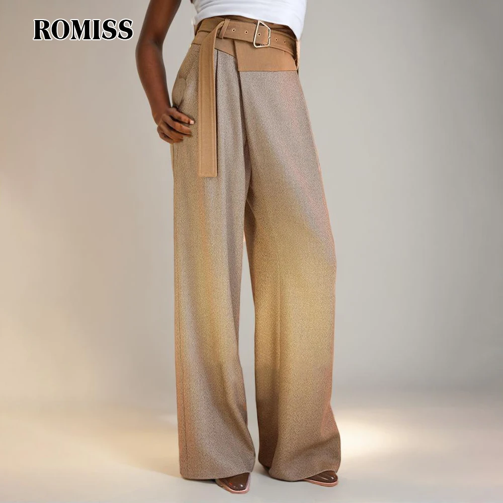 

ROMISS Hit Color Spliced Belt Pants For Women High Waist Patchwork Pockets Minimalist Casual Wide Leg Pant Female Fashion New